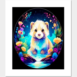 Cute Ferret with Floral Elements in Watercolor art Posters and Art